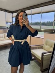 Mk 178 Tensel Petrol Mavi Kemerli Gömlek Elbise