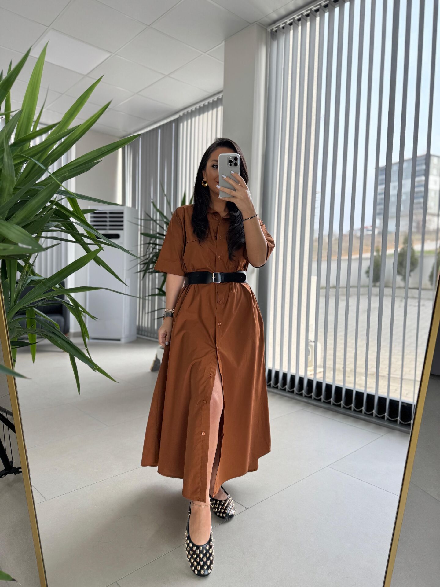 Dr 8260 Tarçın Kemerli Gömlek Elbise