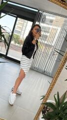 Kısa Kollu Beyaz Çizgili Triko Elbise