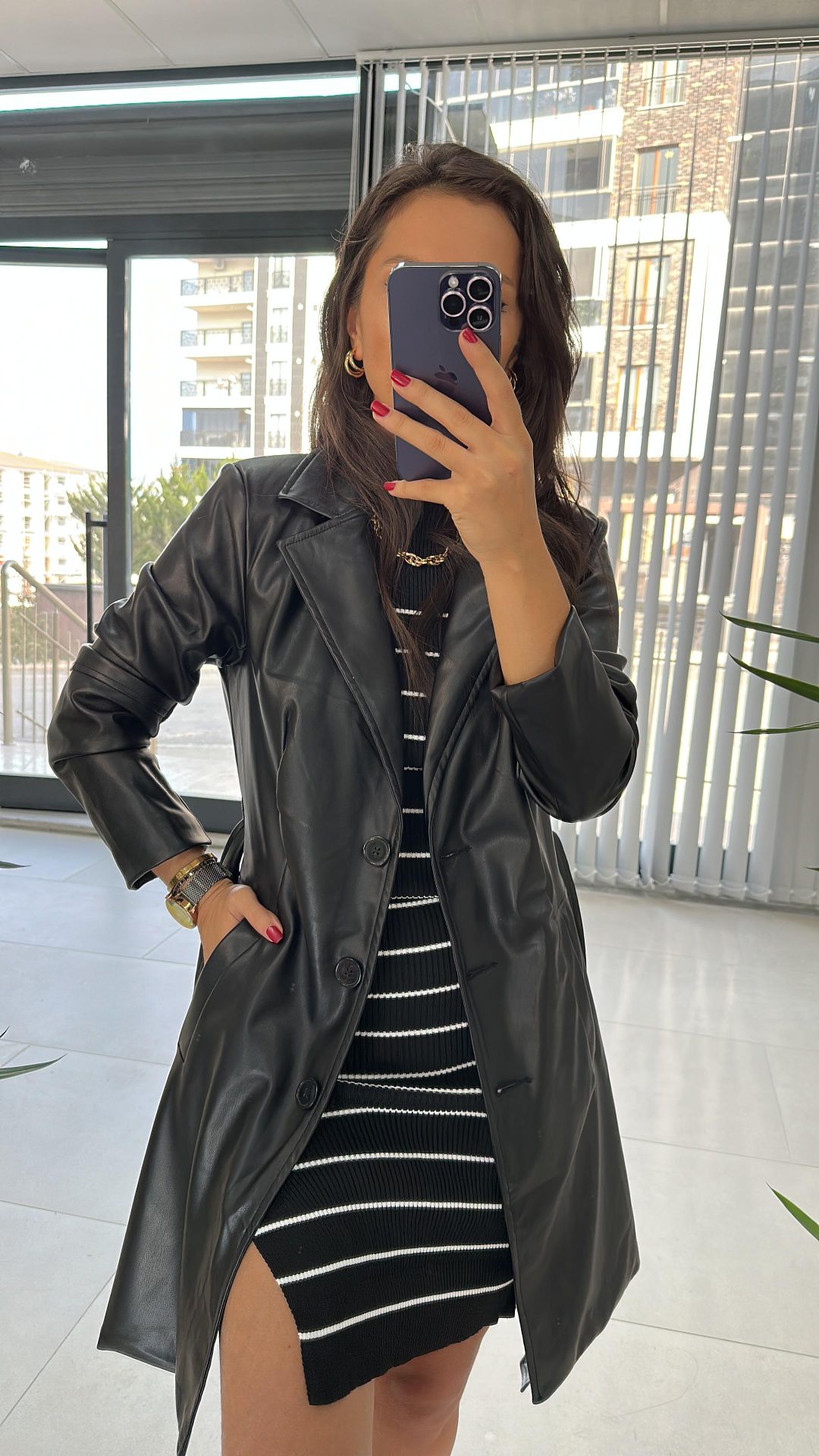Black Imported Leather Trench Coat