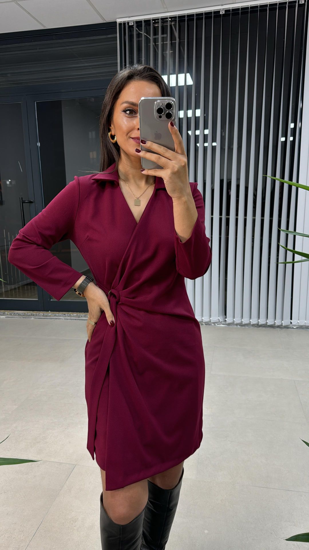 Kruvaze Tokalı Mürdüm Elbise