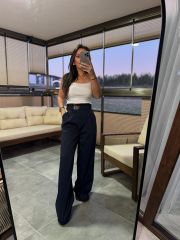 Mc 3014 Belt Detailed Palazzo Navy Trousers