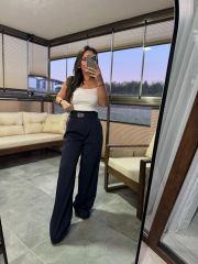 Mc 3014 Belt Detailed Palazzo Navy Trousers