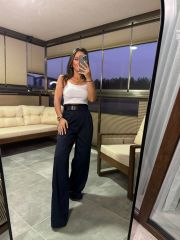 Mc 3014 Belt Detailed Palazzo Navy Trousers