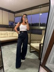 Mc 3014 Belt Detailed Palazzo Navy Trousers