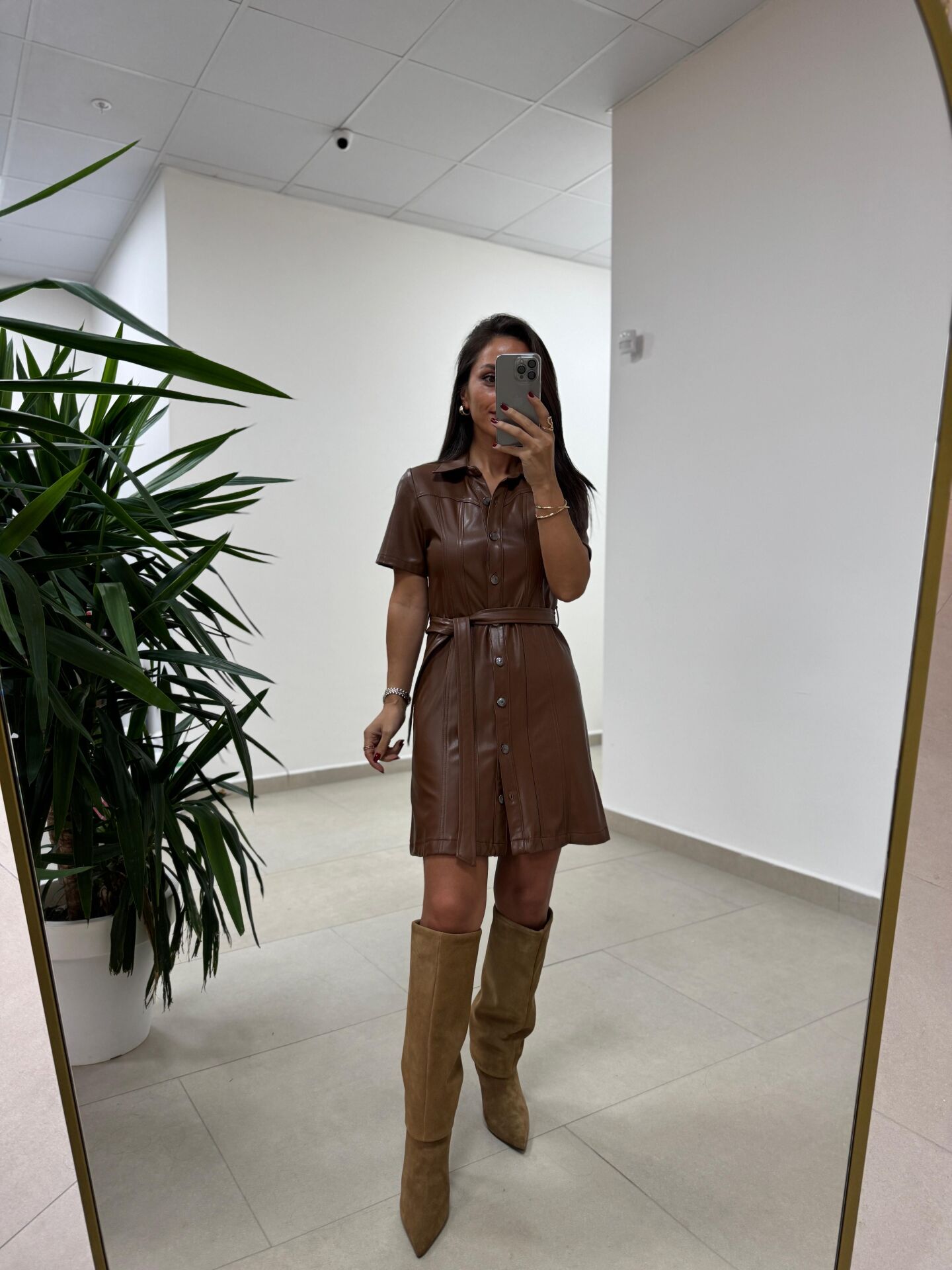 Mc 5923 Kahve Düğmeli Deri Elbise