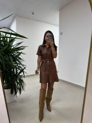 Mc 5923 Kahve Düğmeli Deri Elbise