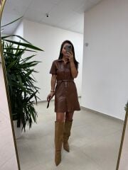 Mc 5923 Kahve Düğmeli Deri Elbise