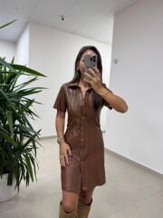 Mc 5923 Kahve Düğmeli Deri Elbise