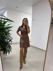 Mc 5923 Kahve Düğmeli Deri Elbise