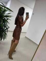 Mc 5923 Kahve Düğmeli Deri Elbise