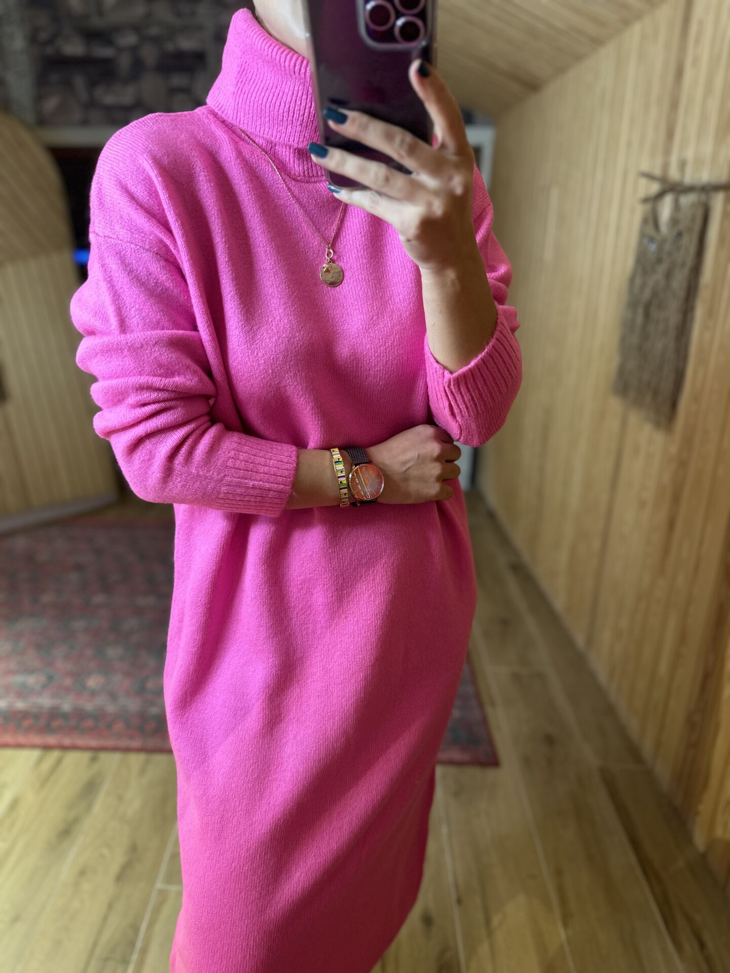 Pembe Oversize balıkçı triko elbise