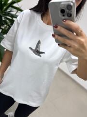 Ml 54740 Bisiklet Yaka Boncuk Kuş Detaylı Beyaz Tişört