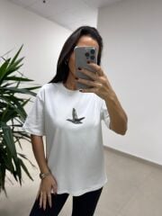 Ml 54740 Bisiklet Yaka Boncuk Kuş Detaylı Beyaz Tişört