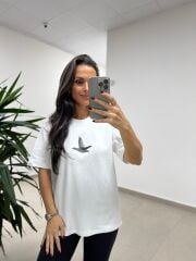 Ml 54740 Bisiklet Yaka Boncuk Kuş Detaylı Beyaz Tişört