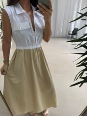 Ms 08 Bej/Beyaz Gömlek Yaka Poplin Midi Elbise