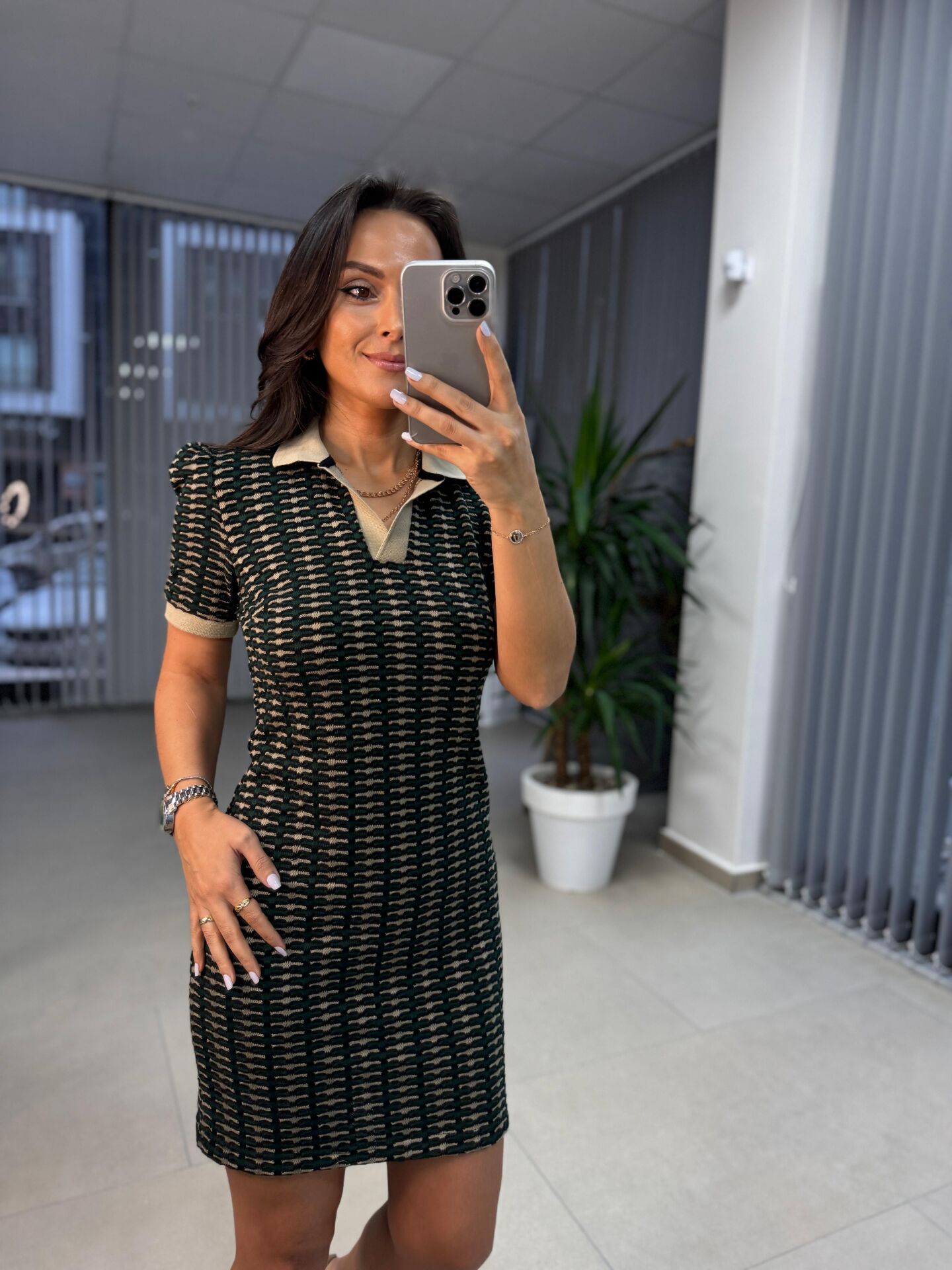 Sg Polo Yaka Jakarlı Baharlık Yeşil Triko Elbise