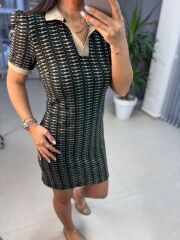 Sg Polo Yaka Jakarlı Baharlık Yeşil Triko Elbise