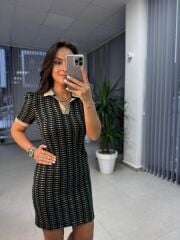 Sg Polo Yaka Jakarlı Baharlık Yeşil Triko Elbise