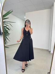 Kr 23481 Siyah Poplin Kemerli Kolsuz Elbise