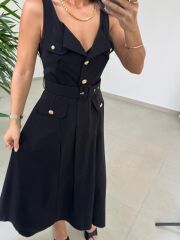 Kr 23481 Siyah Poplin Kemerli Kolsuz Elbise