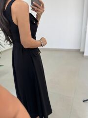 Kr 23481 Siyah Poplin Kemerli Kolsuz Elbise