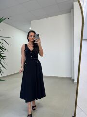 Kr 23481 Siyah Poplin Kemerli Kolsuz Elbise