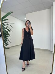 Kr 23481 Siyah Poplin Kemerli Kolsuz Elbise