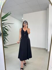 Kr 23481 Siyah Poplin Kemerli Kolsuz Elbise