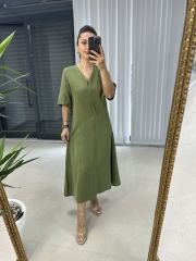 Ms V Yaka Fermuarlı Pamuk Keten Haki Elbise