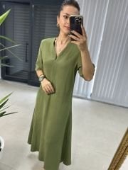 Ms V Yaka Fermuarlı Pamuk Keten Haki Elbise