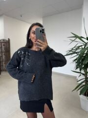 Po 2667 Kristal Çiçek Detaylı Antrasit Triko Kazak