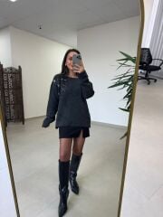 Po 2667 Kristal Çiçek Detaylı Antrasit Triko Kazak