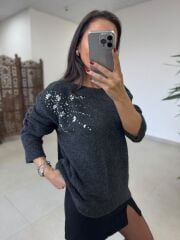 Po 2667 Kristal Çiçek Detaylı Antrasit Triko Kazak
