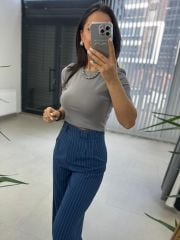 Gk Çizgili Yan Düğme Detaylı indigo Pantolon