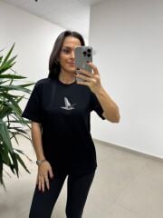 Ml 54740 Bisiklet Yaka Boncuk Kuş Detaylı Siyah Tişört
