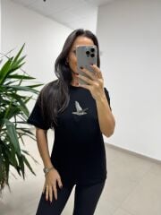 Ml 54740 Bisiklet Yaka Boncuk Kuş Detaylı Siyah Tişört