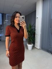 Sg Polo Yaka Jakarlı Baharlık Kiremit Triko Elbise