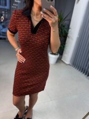 Sg Polo Yaka Jakarlı Baharlık Kiremit Triko Elbise