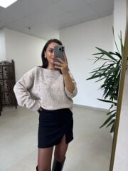 Po 2667 Kristal Çiçek Detaylı Açık Vizon Triko Kazak