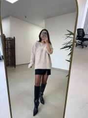 Po 2667 Kristal Çiçek Detaylı Açık Vizon Triko Kazak