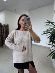 Po 2667 Kristal Çiçek Detaylı Açık Vizon Triko Kazak