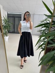 Ms 08 Siyah/Beyaz Gömlek Yaka Poplin Midi Elbise