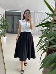 Ms 08 Siyah/Beyaz Gömlek Yaka Poplin Midi Elbise