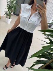 Ms 08 Siyah/Beyaz Gömlek Yaka Poplin Midi Elbise