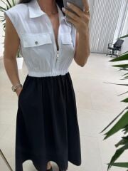 Ms 08 Siyah/Beyaz Gömlek Yaka Poplin Midi Elbise
