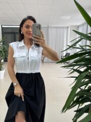 Ms 08 Siyah/Beyaz Gömlek Yaka Poplin Midi Elbise
