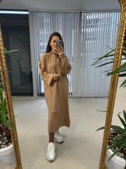 Polo Neck Oversize Tan Knitwear Dress