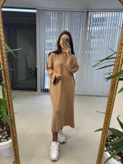 Polo Neck Oversize Tan Knitwear Dress