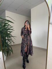 Ms 2130 Etnik Desen Siyah-Mor Saten Elbise